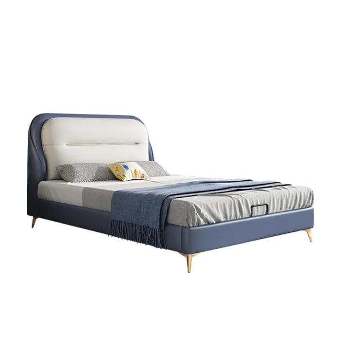 This Scandinavian-inspired upholstered bed for children combines soft fabric with a sturdy frame, providing both comfort and durability.